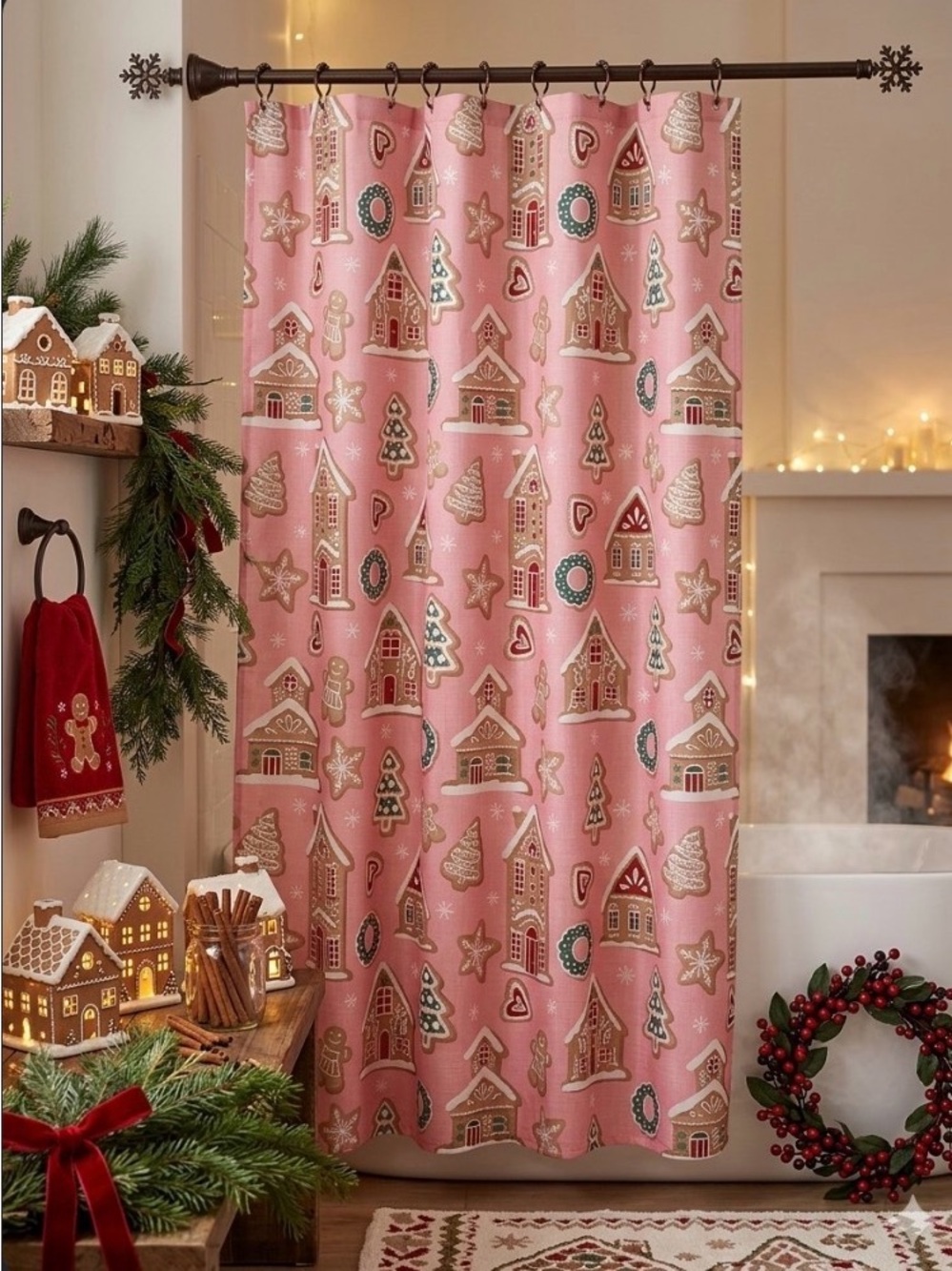 Holiday Gingerbread Shower Curtain - Pink
